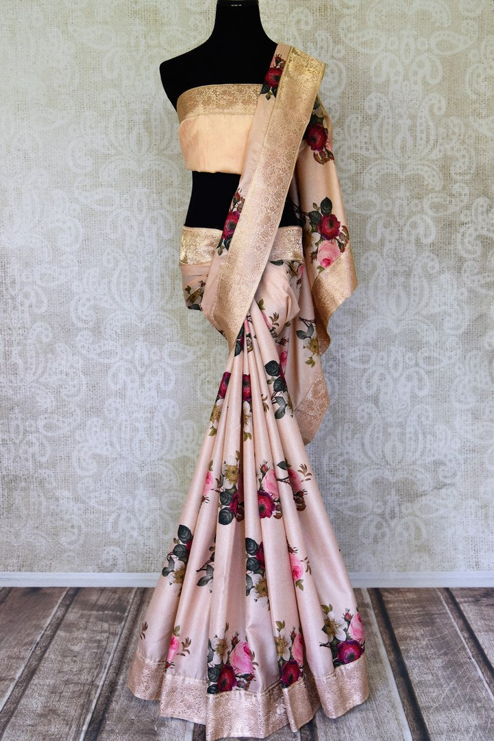 Buy beautiful powder pink floral print tussar silk sari online in USA with golden zari border. Shop the latest Indian women clothing and handwoven silk sarees for weddings and special occasions from Pure Elegance Indian clothing store in USA.-full view