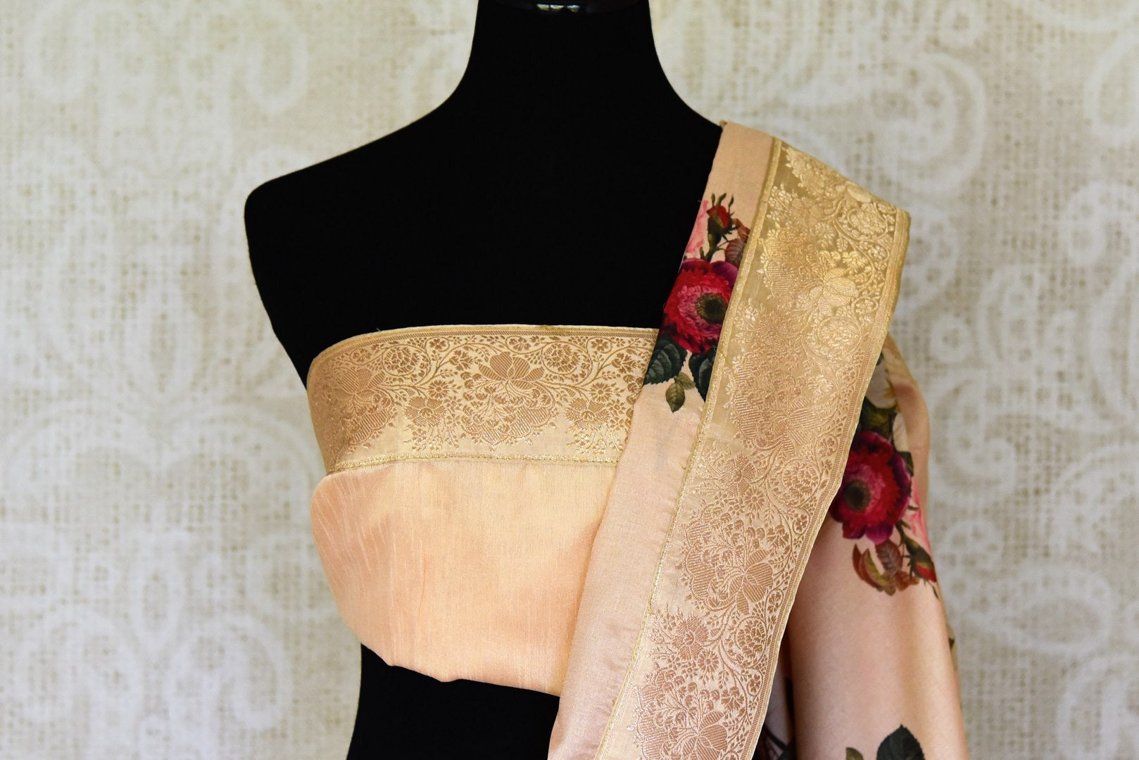 Buy beautiful powder pink floral print tussar silk sari online in USA with golden zari border. Shop the latest Indian women clothing and handwoven silk sarees for weddings and special occasions from Pure Elegance Indian clothing store in USA.-blouse pallu