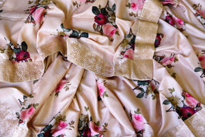 Buy beautiful powder pink floral print tussar silk sari online in USA with golden zari border. Shop the latest Indian women clothing and handwoven silk sarees for weddings and special occasions from Pure Elegance Indian clothing store in USA.-details