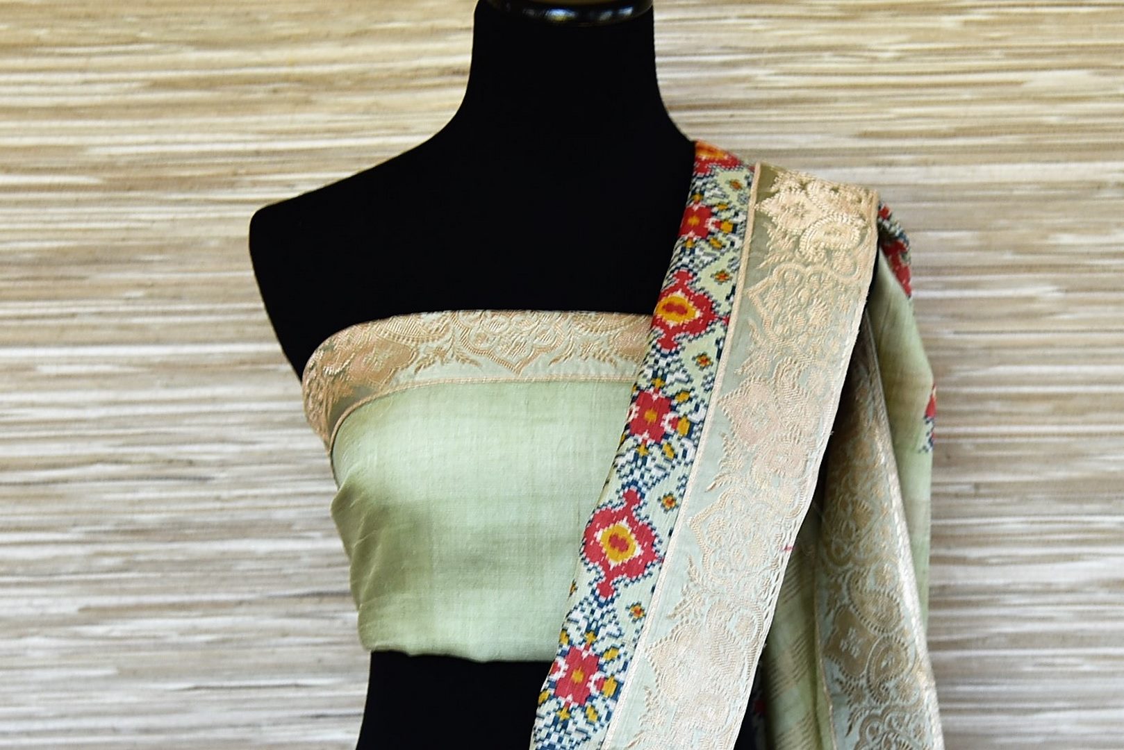 90I695-RO Sage Green Printed Tussar Silk Saree with Banarasi Border