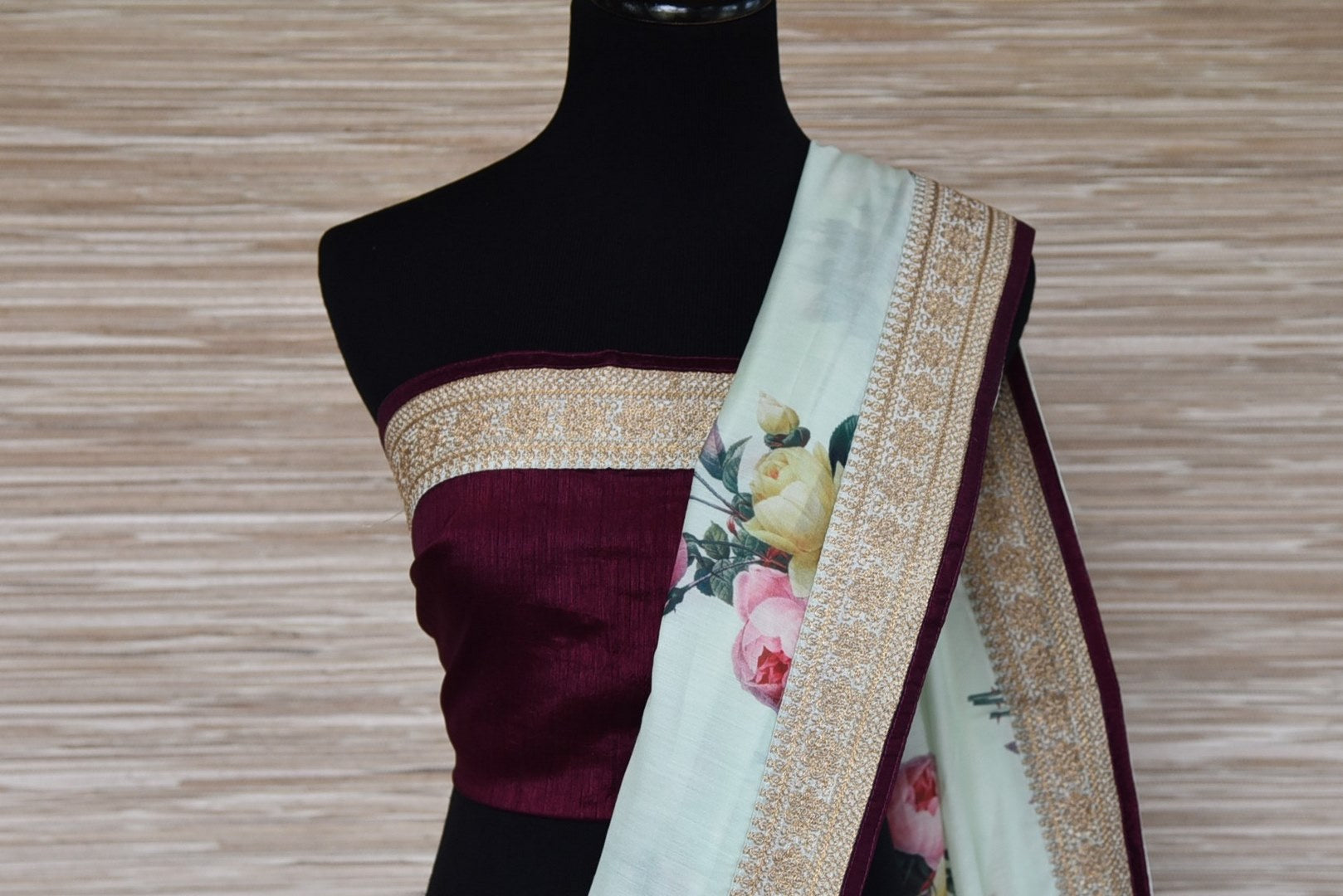 Buy mint green floral tussar georgette sari online in USA with embroidered border. Update your saree wardrobe this festive season with latest designer sarees. soft silk sarees, handwoven saris from Pure Elegance women's Indian clothing store in USA. Shop online  now.-blouse pallu