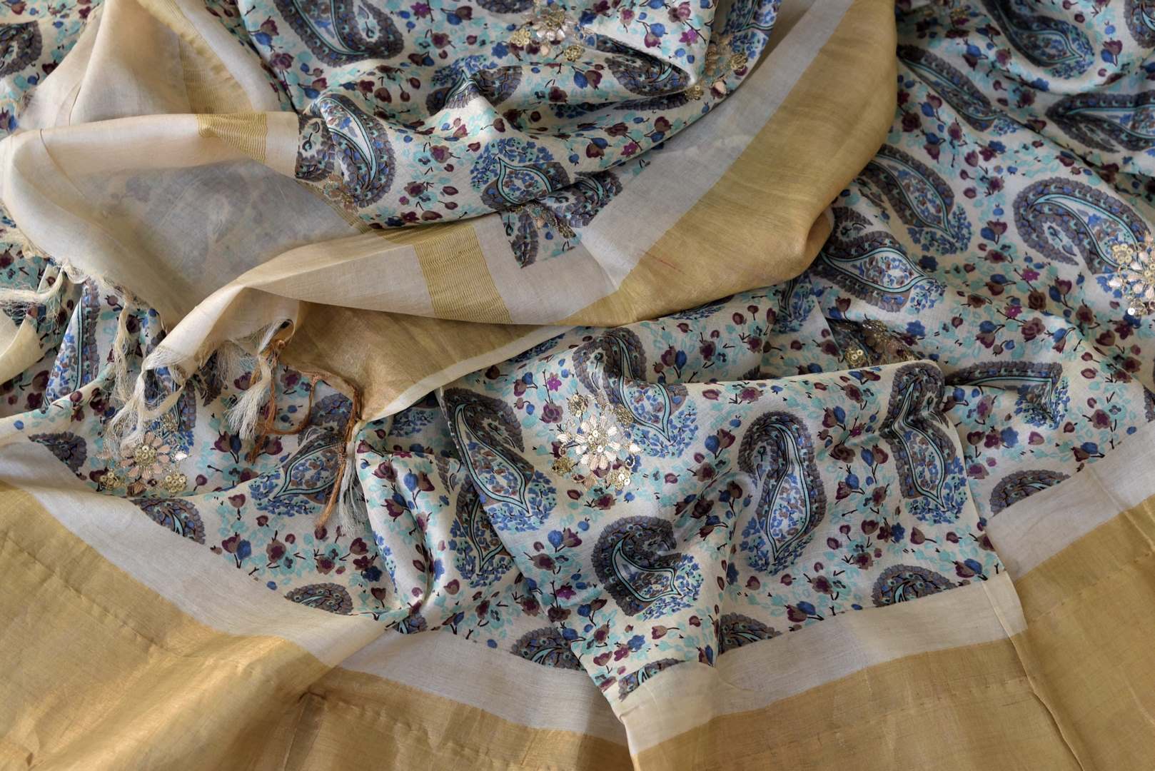Buy gorgeous cream gota work printed tussar saree online in USA with golden border. Set high fashion standards with your exceptional choice of handwoven sarees, soft silk sarees from Pure Elegance Indian fashion store in USA.-details