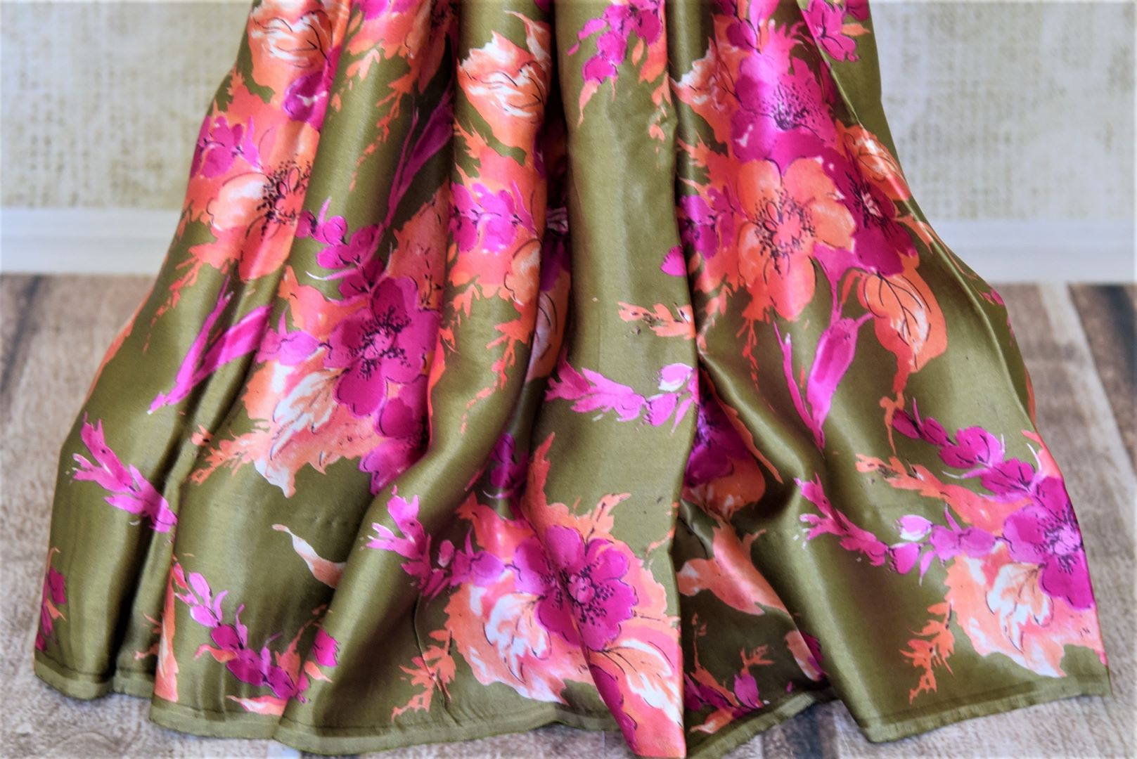 Buy elegant olive green pink floral print crepe silk sari online in USA. Shop stunning printed sarees, georgette sarees, floral sarees in USA from Pure Elegance Indian cloth boutique in USA. Visit our store now.-pleats