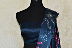 Buy navy blue crepe silk saree online in USA with pink floral print. Be the center of attraction at parties and weddings with exquisite designer saris, print sarees, Bollywood sarees from Pure Elegance Indian fashion store in USA.-blouse pallu