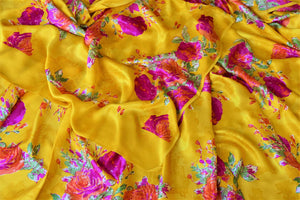 Shop beautiful yellow crepe silk saree online in USA with pink floral print. Be the center of attraction at parties and weddings with exquisite designer sarees, print sarees, Bollywood sarees from Pure Elegance Indian fashion store in USA.-details