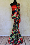 Shop alluring navy blue floral print crepe silk sari online in USA. Be the center of attraction at parties and weddings with exquisite designer sarees, print sarees, Bollywood sarees from Pure Elegance Indian fashion store in USA.-full view