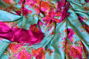 Buy beautiful turquoise green pink floral print crepe silk saree online in USA. Be the center of attraction at parties and weddings with exquisite designer sarees, print sarees, Bollywood sarees from Pure Elegance Indian fashion store in USA.-details
