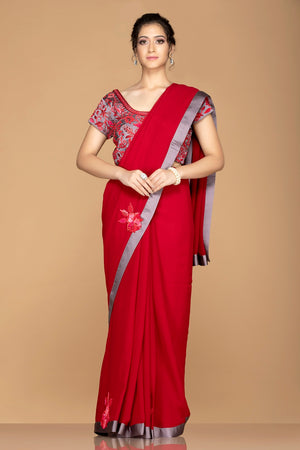 Buy bright red designer saree online in USA with grey embroidered sari blouse. Elevate your sartorial choice with exclusive Indian designer sarees with blouse, embroidered sarees, pure silk sarees from Pure Elegance Indian fashion store in USA.-full view