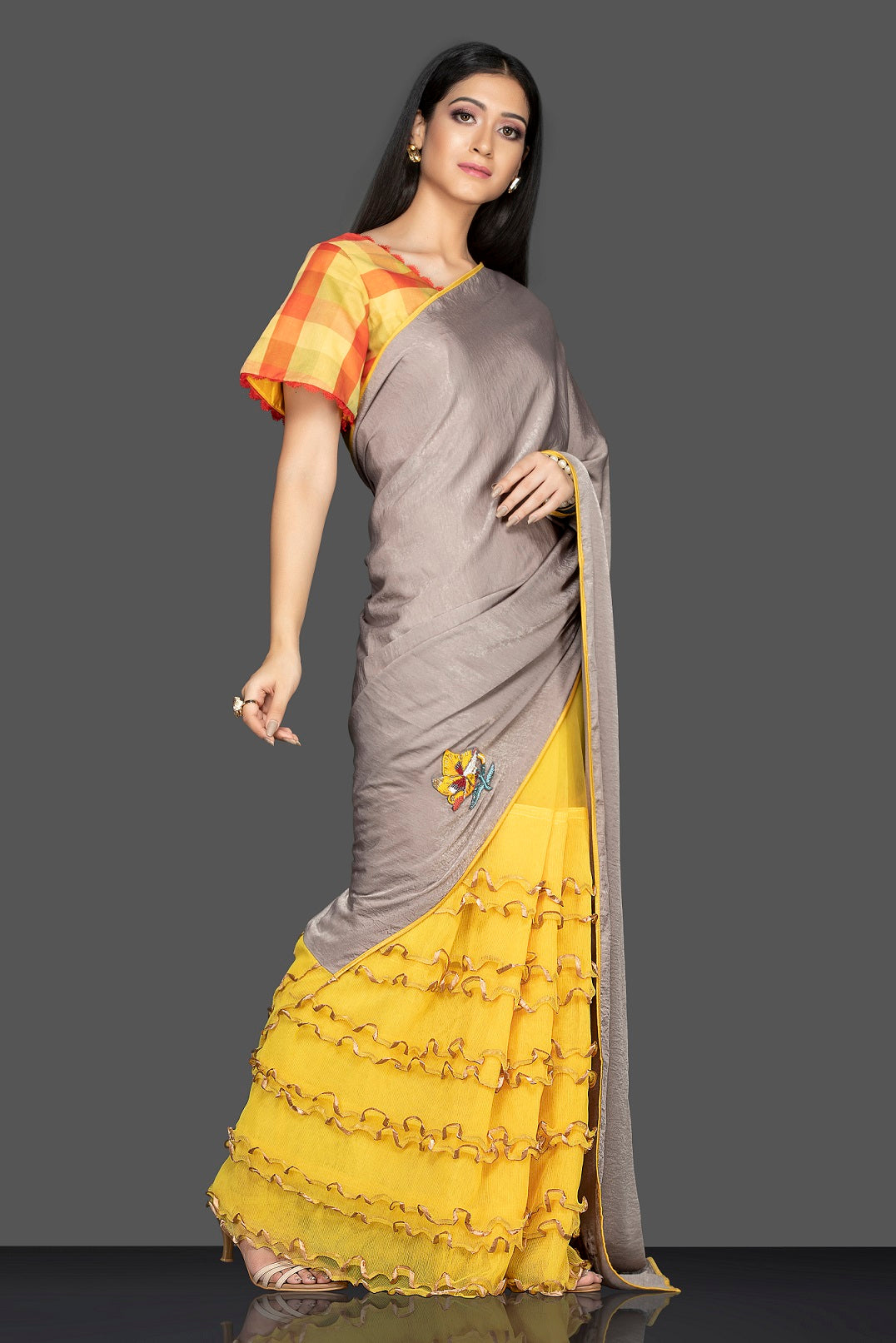 Shop grey and yellow designer saree online in USA and check saree blouse. Elevate your sartorial choice with exclusive Indian designer sarees with blouse, embroidered sarees, pure silk sarees from Pure Elegance Indian fashion store in USA.-full view