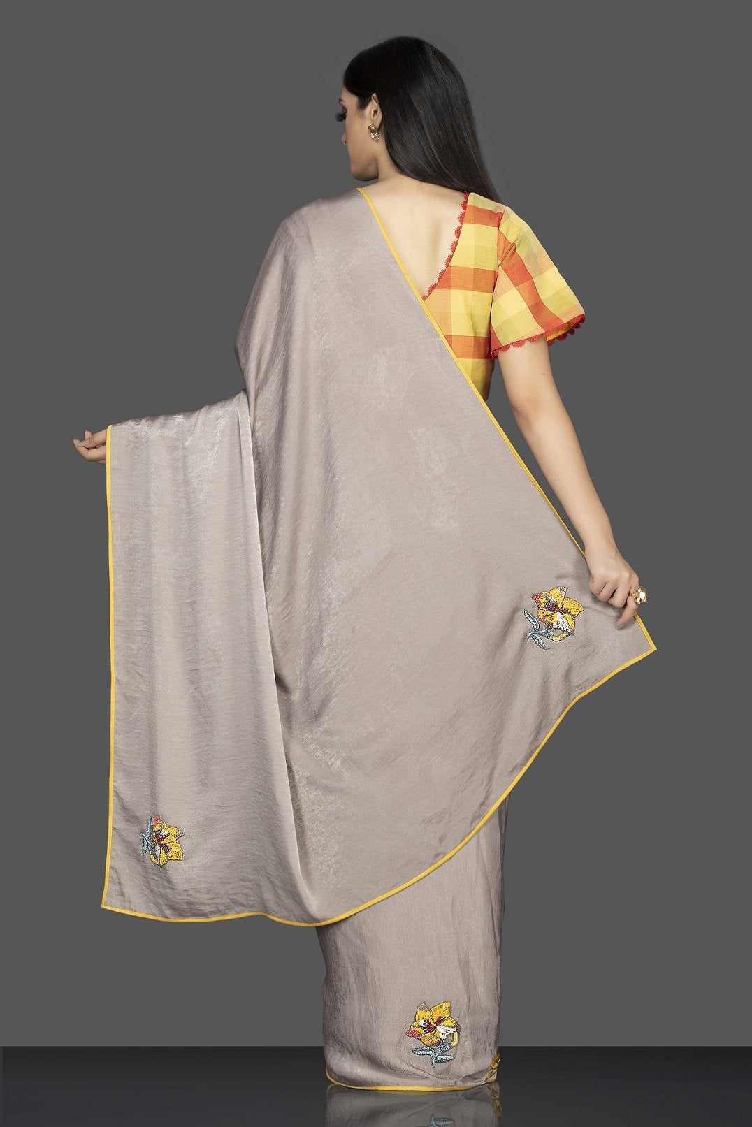 Shop grey and yellow designer saree online in USA and check saree blouse. Elevate your sartorial choice with exclusive Indian designer sarees with blouse, embroidered sarees, pure silk sarees from Pure Elegance Indian fashion store in USA.-back
