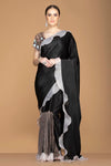 Shop black fringe saree online in USA and ruffle border and embroidered saree blouse. Elevate your sartorial choice with exclusive Indian designer sarees with blouse, embroidered sarees, party sarees from Pure Elegance Indian fashion store in USA.-full view