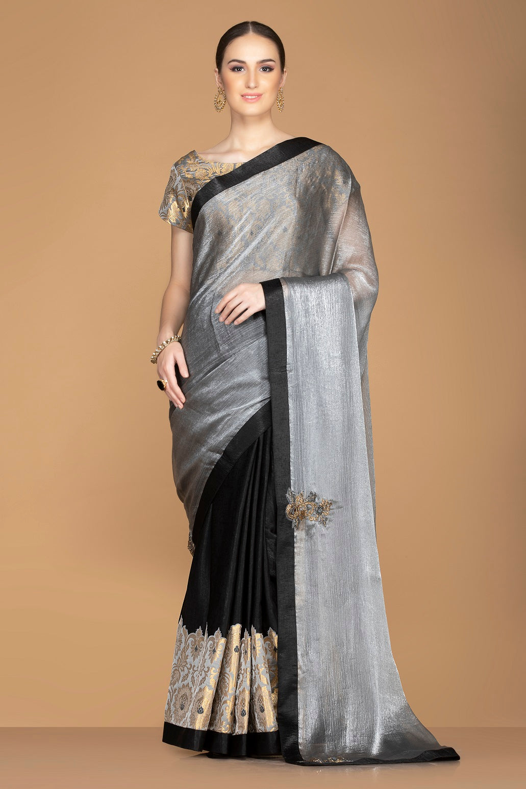 Buy elegant black and grey embroidered crepe saree online in USA with grey saree blouse. Keep your ethnic fashion on point with exquisite designer sarees, partywear sarees, embroidered sarees from Pure Elegance Indian fashion boutique in USA.-full view