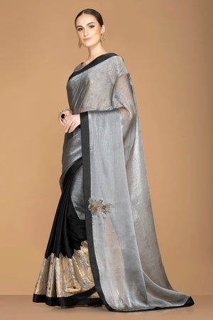 Buy elegant black and grey embroidered crepe saree online in USA with grey saree blouse. Keep your ethnic fashion on point with exquisite designer sarees, partywear sarees, embroidered sarees from Pure Elegance Indian fashion boutique in USA.-side