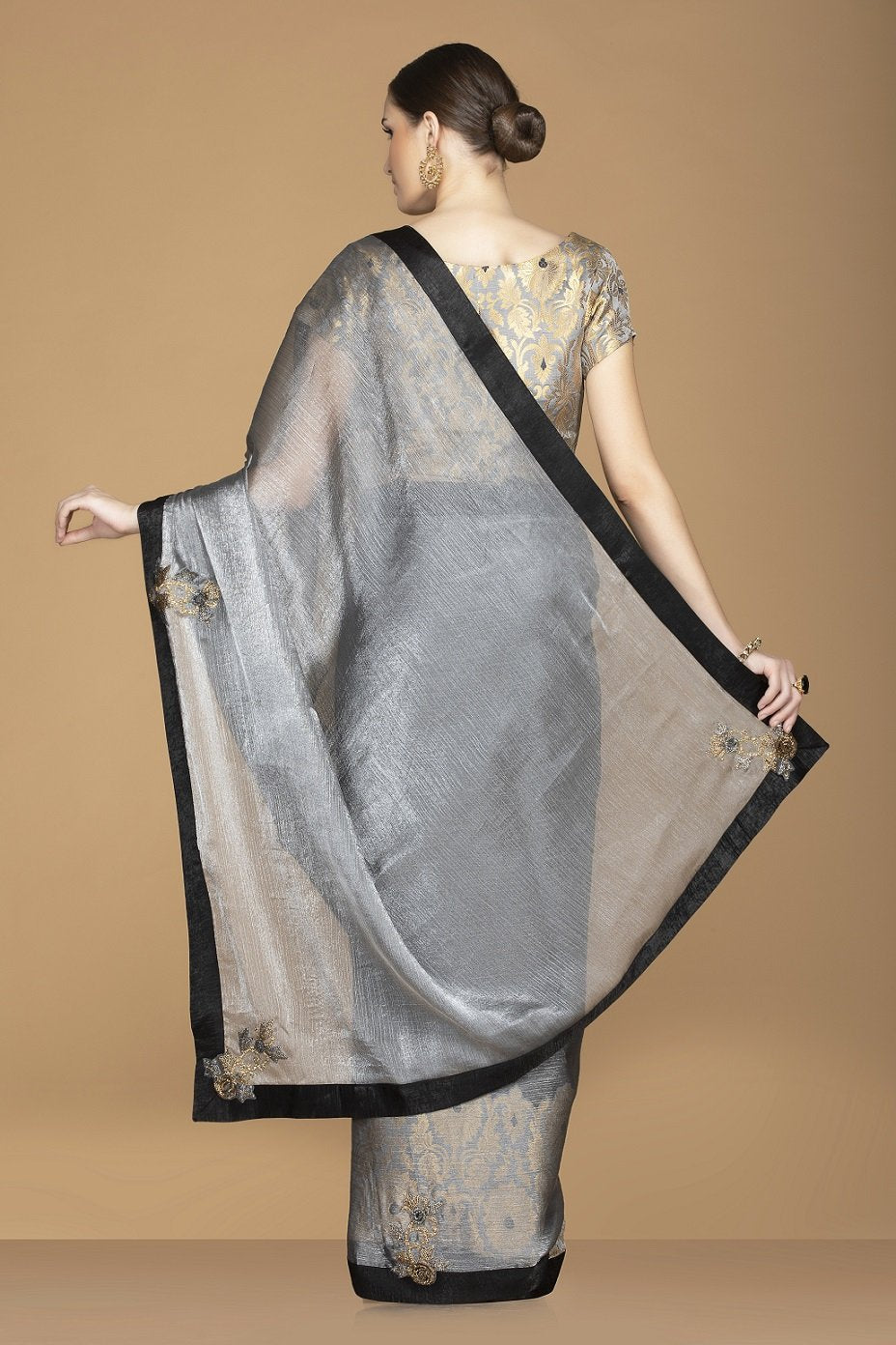 Buy elegant black and grey embroidered crepe saree online in USA with grey saree blouse. Keep your ethnic fashion on point with exquisite designer sarees, partywear sarees, embroidered sarees from Pure Elegance Indian fashion boutique in USA.-back