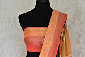 Buy lovely orange and pink zari check georgette Banarasi sari online in USA. Go for an extraordinary traditional look with splendid handwoven sarees, embroidered sarees with blouses, Banarasi saris from Pure Elegance from Indian cloth store in USA.  Shop online or visit our store now.-blouse pallu