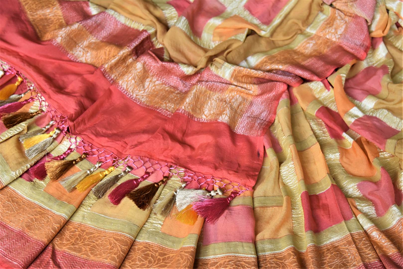 Buy lovely orange and pink zari check georgette Banarasi sari online in USA. Go for an extraordinary traditional look with splendid handwoven sarees, embroidered sarees with blouses, Banarasi saris from Pure Elegance from Indian cloth store in USA.  Shop online or visit our store now.-details