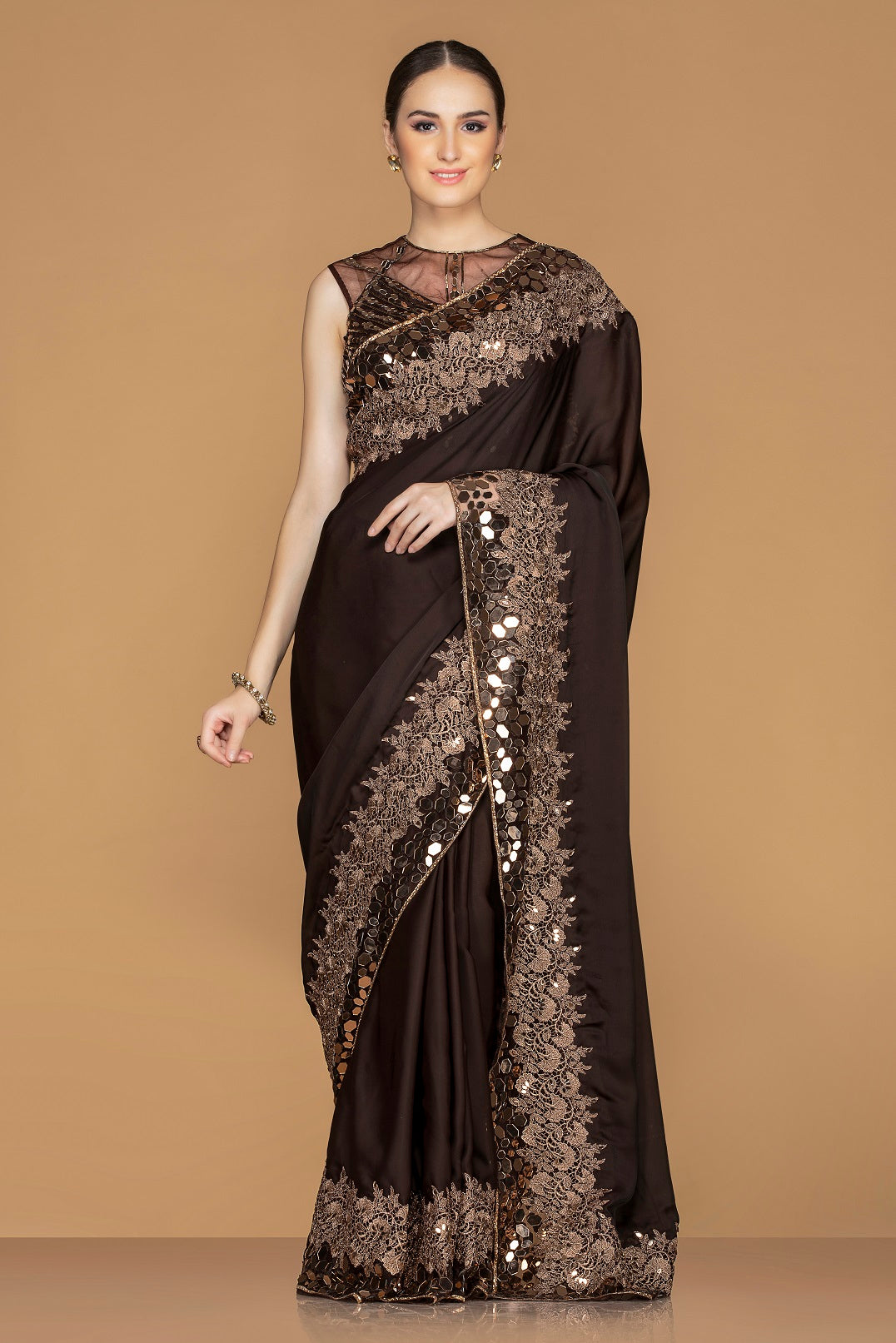 Buy gorgeous dark brown embroidered saree online in USA with embroidered designer saree blouse. Champion ethnic fashion with a splendid collection of designer sarees, embroidered sarees with blouse, weddings sarees from Pure Elegance Indian fashion store in USA.-full view