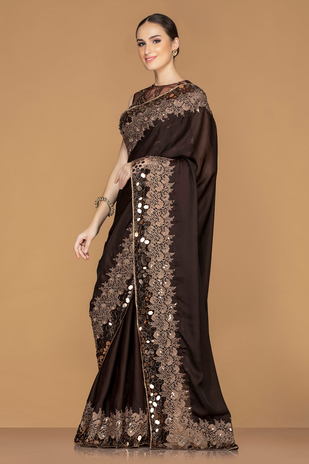 Buy gorgeous dark brown embroidered saree online in USA with embroidered designer saree blouse. Champion ethnic fashion with a splendid collection of designer sarees, embroidered sarees with blouse, weddings sarees from Pure Elegance Indian fashion store in USA.-side