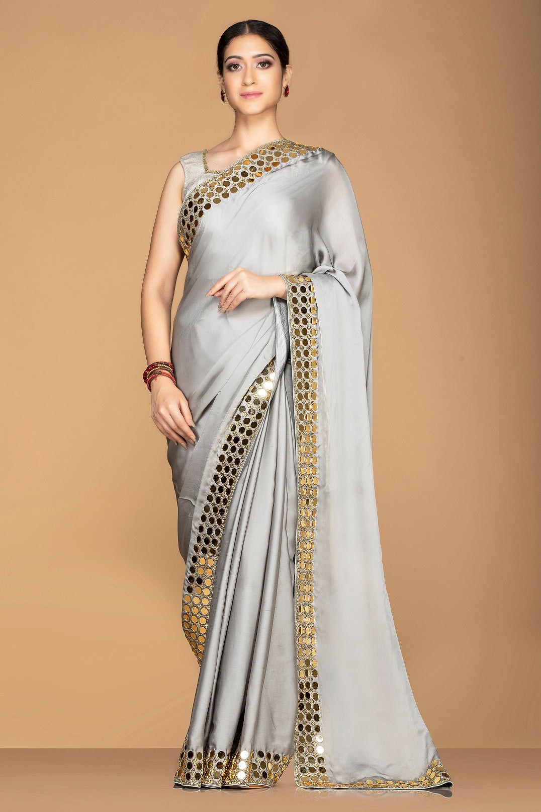 Buy online light grey saree online in USA with embroidered border and sari blouse. Champion ethnic fashion with a splendid collection of designer sarees, embroidered sarees with blouse, weddings sarees from Pure Elegance Indian fashion store in USA.-full view