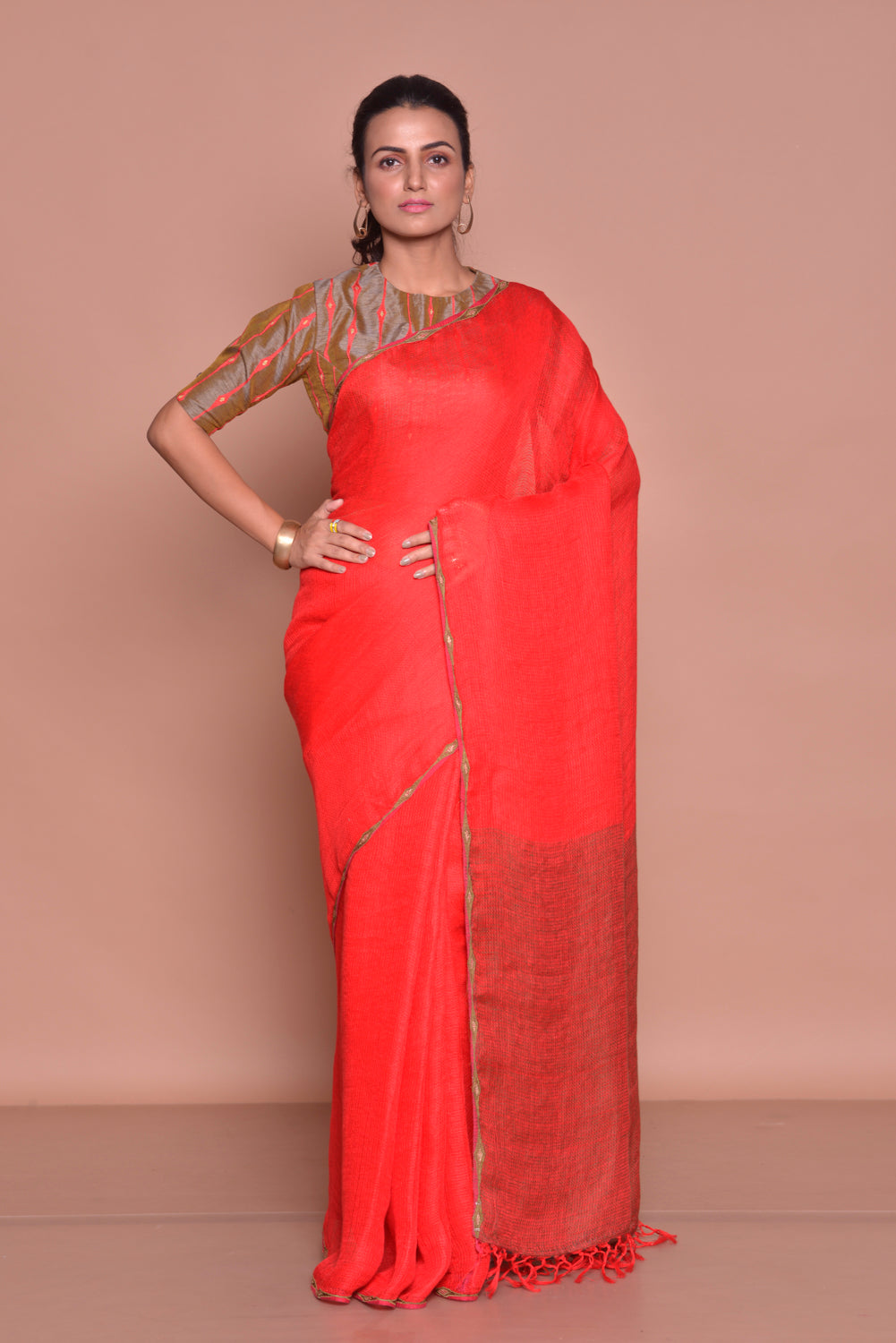 Buy solid red saree online in USA with brown embroidered saree blouse. Be occasion ready with exquisite range of designer sarees with blouse, bridal sarees from Pure Elegance Indian boutique in USA.-full view