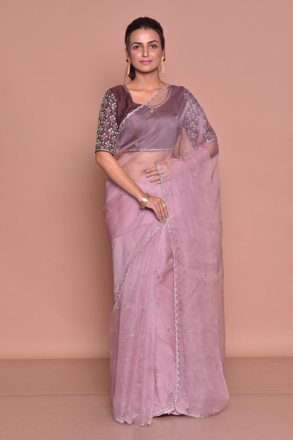 Shop Online Lilac Embroidered Sheer Saree in USA