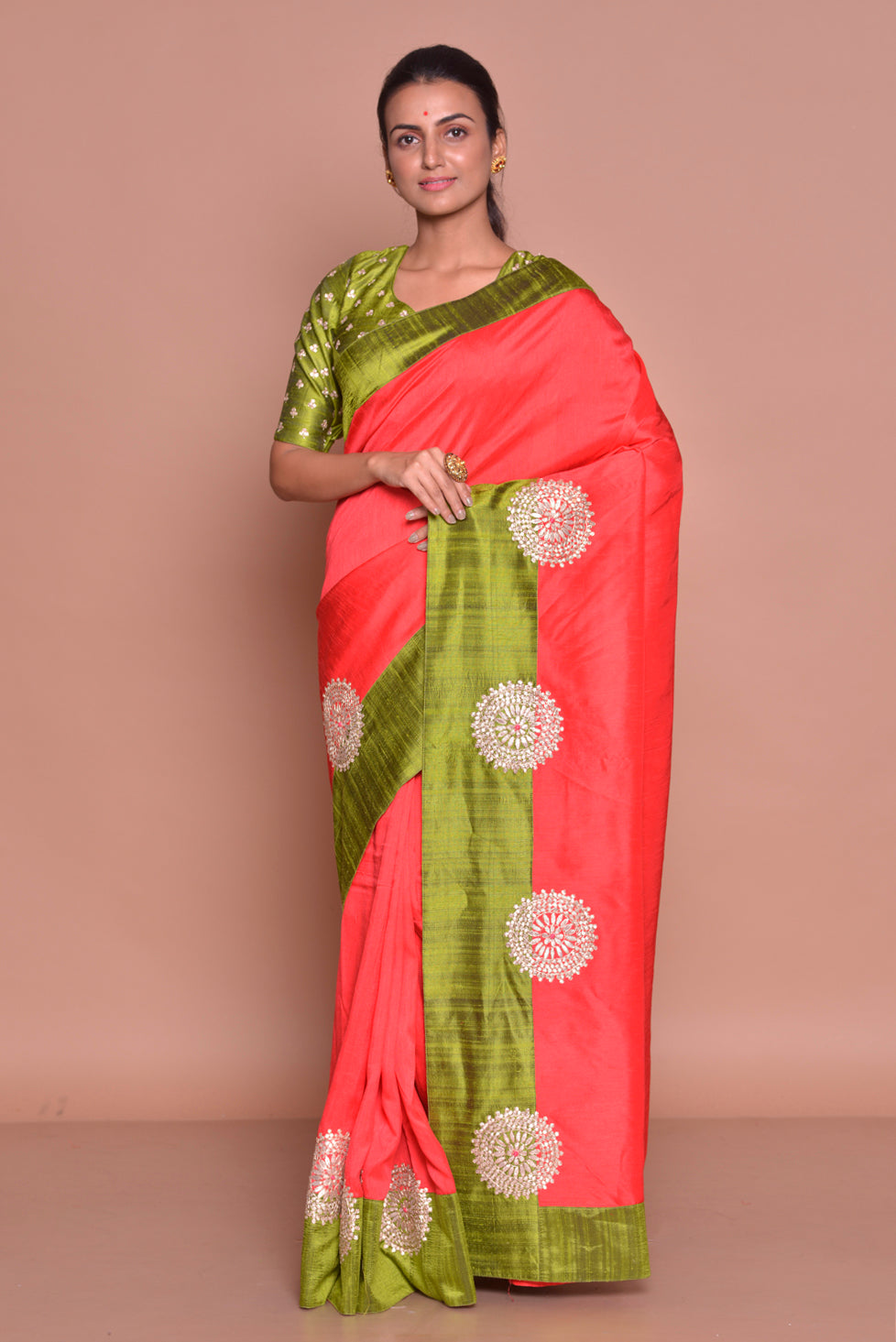 Buy lovely dark orange gota patti work silk saree online in USA with green sari blouse. Set ethnic fashion goals with exquisite designer sarees with blouse, Banarasi sarees, Kanchipuram saris from Pure Elegance Indian luxury clothing store in USA.-full view