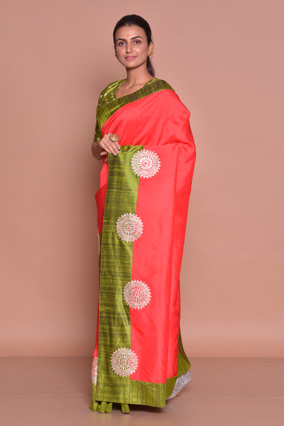 Buy lovely dark orange gota patti work silk saree online in USA with green sari blouse. Set ethnic fashion goals with exquisite designer sarees with blouse, Banarasi sarees, Kanchipuram saris from Pure Elegance Indian luxury clothing store in USA.-side