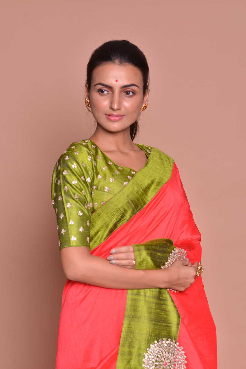 Buy lovely dark orange gota patti work silk saree online in USA with green sari blouse. Set ethnic fashion goals with exquisite designer sarees with blouse, Banarasi sarees, Kanchipuram saris from Pure Elegance Indian luxury clothing store in USA.-closeup