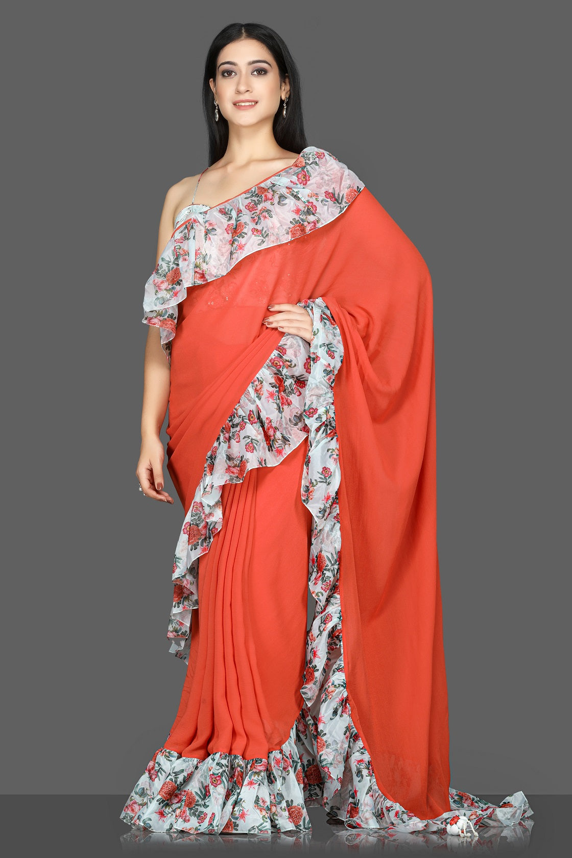Shop red georgette floral ruffle sari online in USA with printed and embroidered saree blouse. Flaunt ethnic fashion with exquisite designer sarees with blouse. embroidered sarees, pure silk sarees from Pure Elegance Indian fashion boutique in USA.-full view