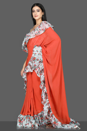 Shop red georgette floral ruffle sari online in USA with printed and embroidered saree blouse. Flaunt ethnic fashion with exquisite designer sarees with blouse. embroidered sarees, pure silk sarees from Pure Elegance Indian fashion boutique in USA.-side