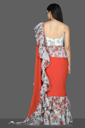 Shop red georgette floral ruffle sari online in USA with printed and embroidered saree blouse. Flaunt ethnic fashion with exquisite designer sarees with blouse. embroidered sarees, pure silk sarees from Pure Elegance Indian fashion boutique in USA.-back