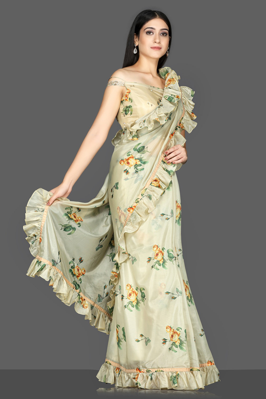 Buy gorgeous pista green floral organza silk saree online in USA with off-shoulder blouse. Go for an attractive saree style with Pure Elegance designer sarees. embroidered sarees, pure silk saris available at our exclusive Indian fashion store in USA.-side