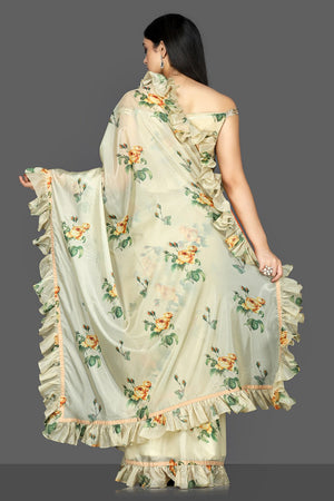 Buy gorgeous pista green floral organza silk saree online in USA with off-shoulder blouse. Go for an attractive saree style with Pure Elegance designer sarees. embroidered sarees, pure silk saris available at our exclusive Indian fashion store in USA.-back