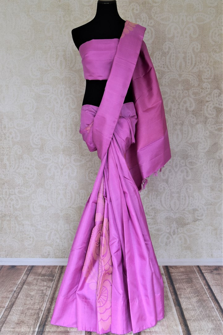 Shop stunning violet Kanchipuram sari online in USA with golden zari floral motifs. Add spark to your festive style with beautiful Kanchipuram silk saris in USA from Pure Elegance Indian fashion store.-full view