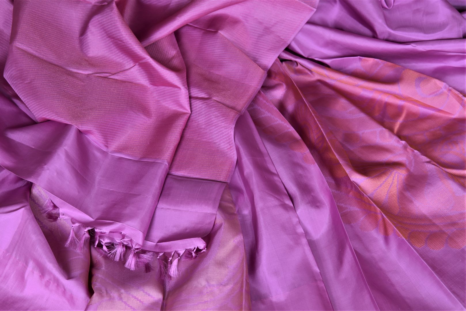 Shop stunning violet Kanchipuram sari online in USA with golden zari floral motifs. Add spark to your festive style with beautiful Kanchipuram silk saris in USA from Pure Elegance Indian fashion store.-details