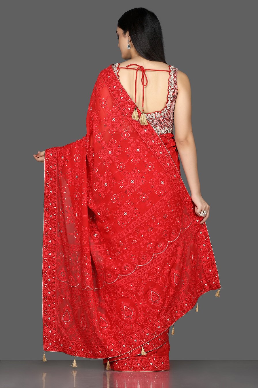 Shop ravishing red Lucknowi georgette sari online in USA with embroidered saree blouse. Shine at weddings and special occasions with beautiful embroidered sarees, designer sari with blouse in USA from Pure Elegance Indian clothing in USA.-back