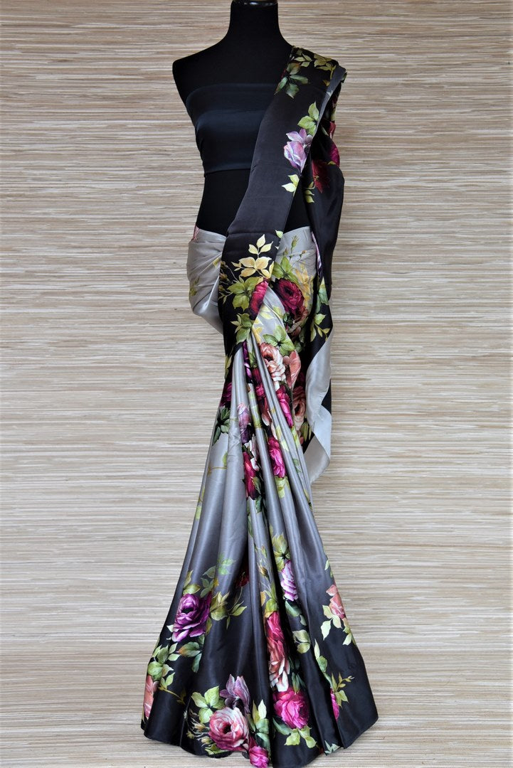 Shop elegant ombre grey floral satin crepe saree online in USA. Be the highlight of the parties and festive occasions with tasteful silk sarees, crepe saris, embroidered designer sarees from Pure Elegance Indian fashion store in USA.-full view