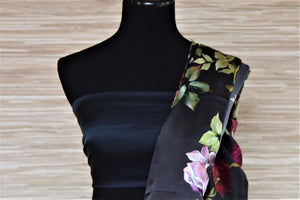 Shop elegant ombre grey floral satin crepe saree online in USA. Be the highlight of the parties and festive occasions with tasteful silk sarees, crepe saris, embroidered designer sarees from Pure Elegance Indian fashion store in USA.-blouse pallu