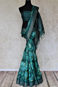 Shop beautiful sea green floral tussar saree online in USA with light zari border. Be the talk of the occasions in exquisite tassar sarees, embroidered saris from Pure Elegance Indian fashion store in USA. -full view