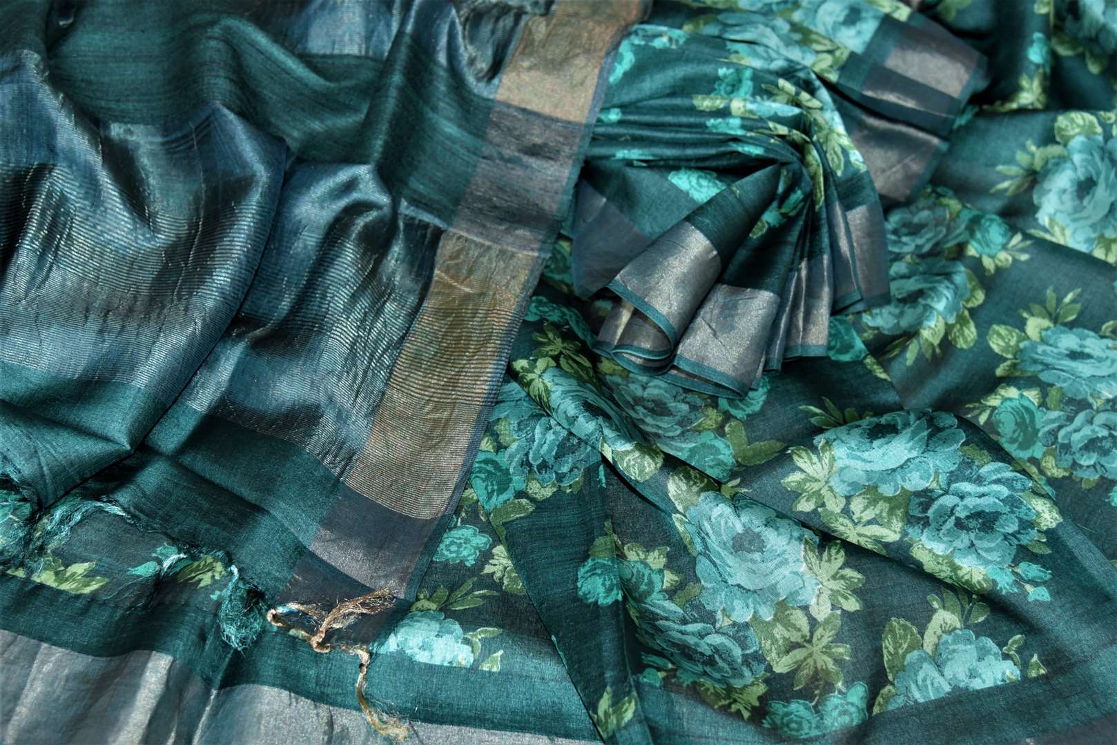 Shop beautiful sea green floral tussar saree online in USA with light zari border. Be the talk of the occasions in exquisite tassar sarees, embroidered saris from Pure Elegance Indian fashion store in USA. -details