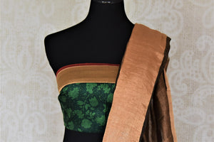 Buy gorgeous brown linen saree online in USA with embroidered floral motifs and zari border. Be the talk of the occasions in exquisite linen sarees, handwoven silk saris from Pure Elegance Indian fashion store in USA. -blouse pallu