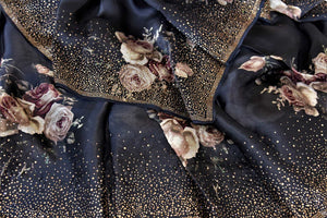 Buy gorgeous black floral print silk sari online in USA with stone work. Be the talk of the occasions in exquisite embroidered sarees, pure silk saris from Pure Elegance Indian fashion store in USA. -details