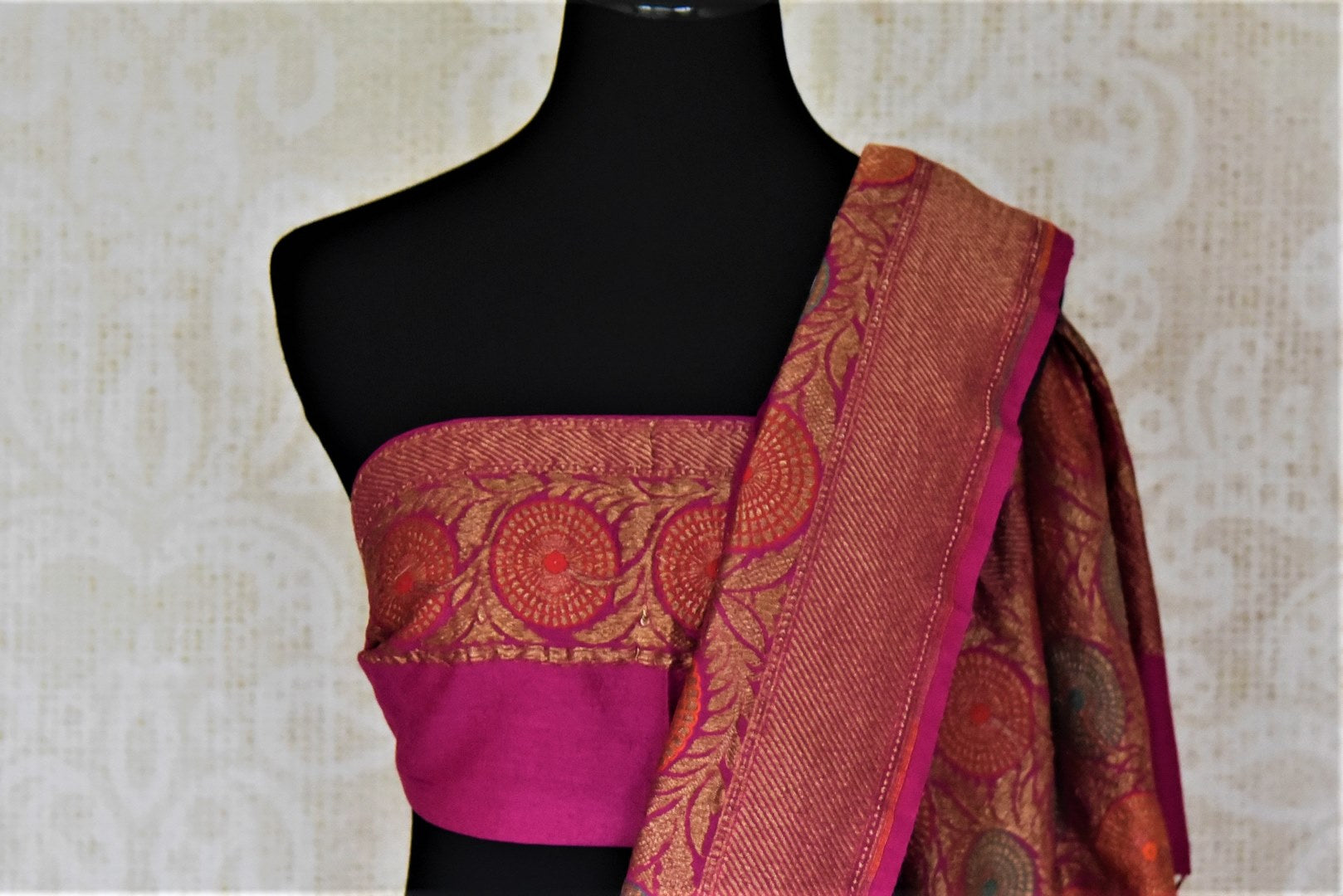 Shop lavender muga Banarasi saree online in USA with magenta antique zari floral border. Keep your ethnic style updated with latest designer sarees, handloom sarees, pure silk sarees from Pure Elegance Indian fashion store in USA.-blouse pallu