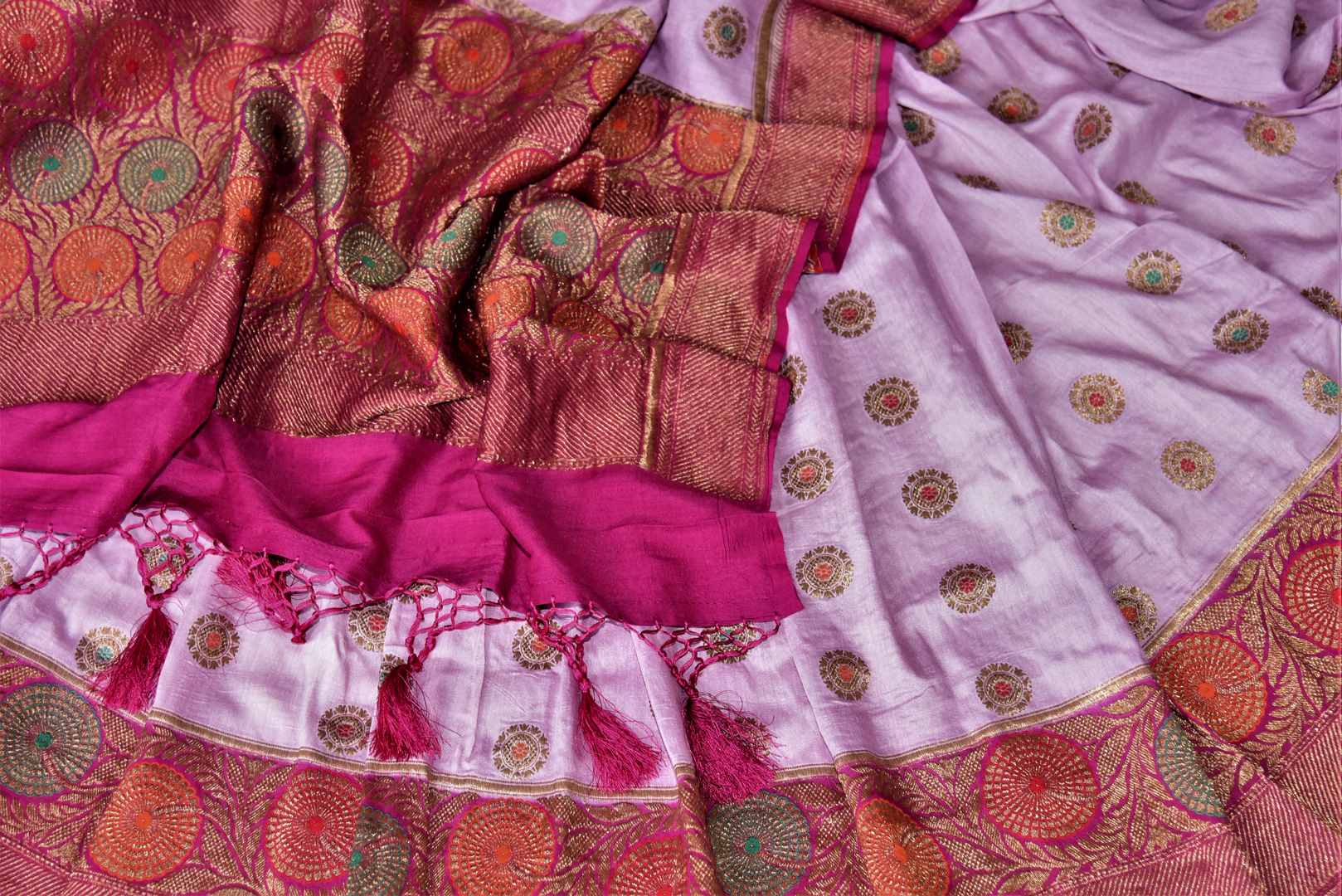 Shop lavender muga Banarasi saree online in USA with magenta antique zari floral border. Keep your ethnic style updated with latest designer sarees, handloom sarees, pure silk sarees from Pure Elegance Indian fashion store in USA.-details