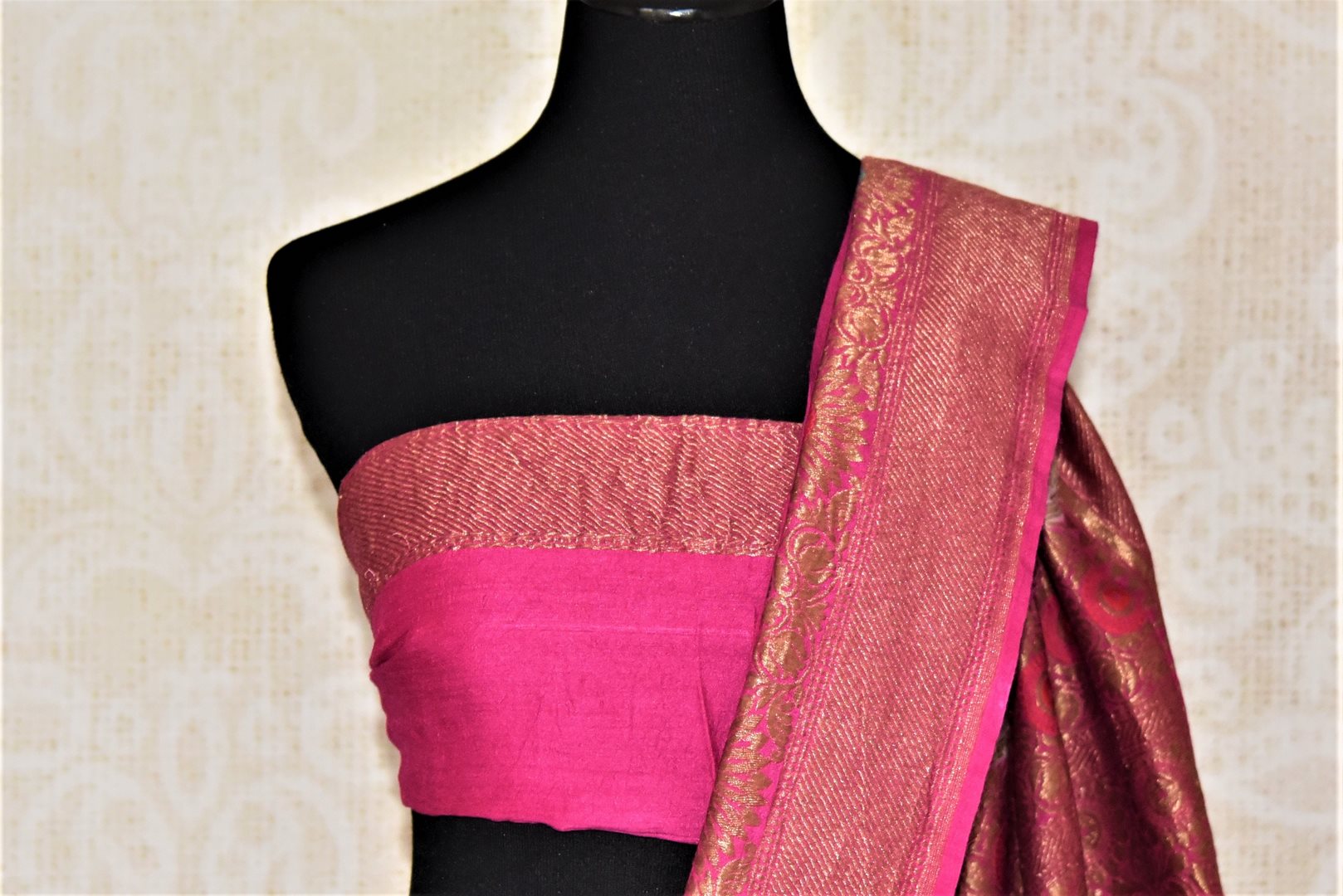 90J492-RO Lavender Muga Banarasi Sari with Pink Antique Zari Border