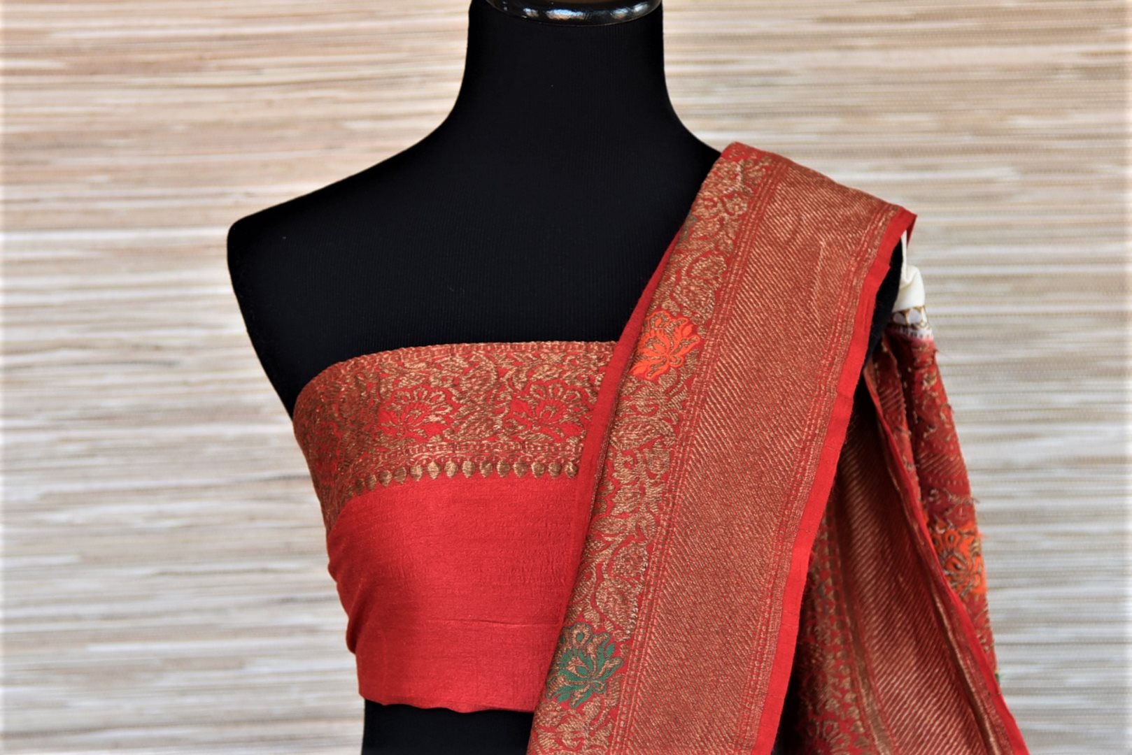 Shop traditional off-white muga Banarasi saree online in USA with antique zari minakari red border and buta. Be a vision of tradition and elegance on weddings and festivals with exquisite Banarasi silk sarees, pure silk sarees, handwoven sarees from Pure Elegance Indian clothing store in USA.-blouse pallu