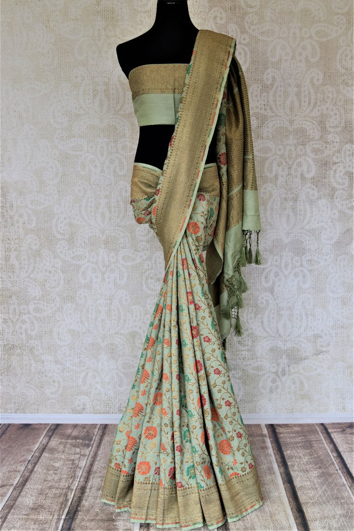 Shop beautiful sage green minakari weave Banarasi sari online in USA. Keep it light yet festive on special occasions with beautiful handwoven saris, Banarasi sarees from Pure Elegance Indian fashion store in USA.-full view