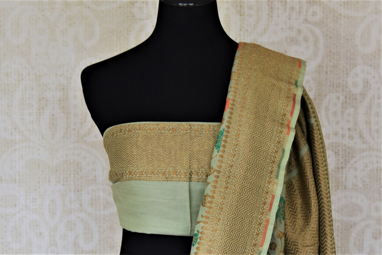 Shop beautiful sage green minakari weave Banarasi sari online in USA. Keep it light yet festive on special occasions with beautiful handwoven saris, Banarasi sarees from Pure Elegance Indian fashion store in USA.-blouse pallu