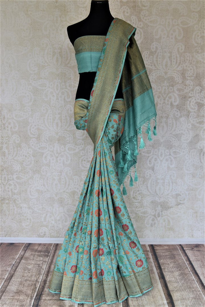 Buy stunning sea green minakari weave Banarasi saree online in USA. Keep it light yet festive on special occasions with beautiful handwoven saris, Banarasi sarees from Pure Elegance Indian fashion store in USA.-full view