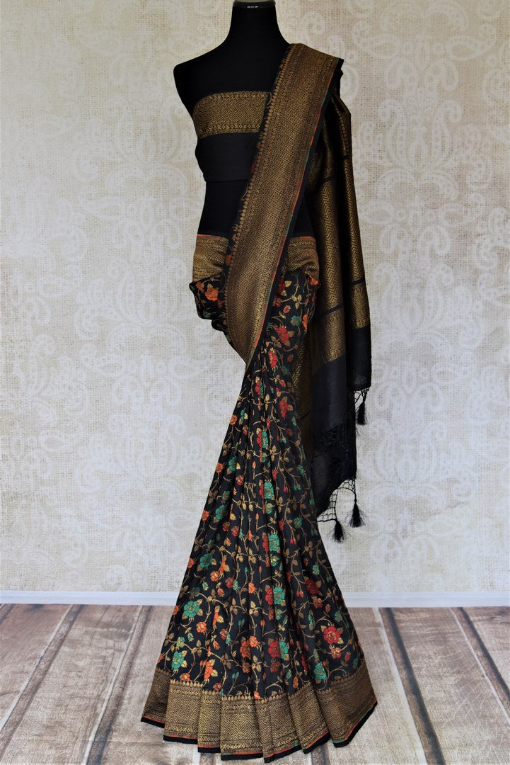 Buy stunning black minakari weave Banarasi sari online in USA with zari work. Keep it light yet festive on special occasions with beautiful handwoven saris, Banarasi sarees from Pure Elegance Indian fashion store in USA.-full view